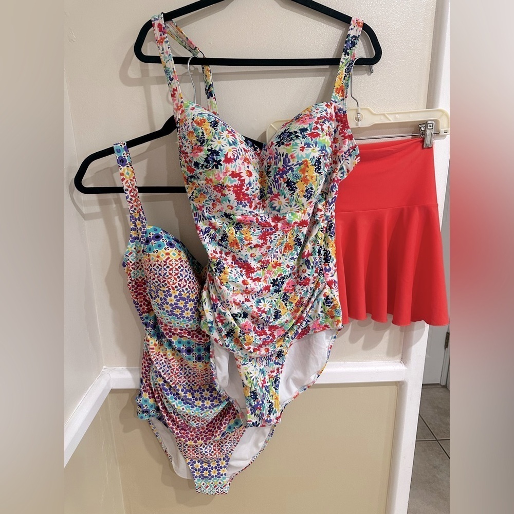 2 Floral design full body swimsuit with matching skirt